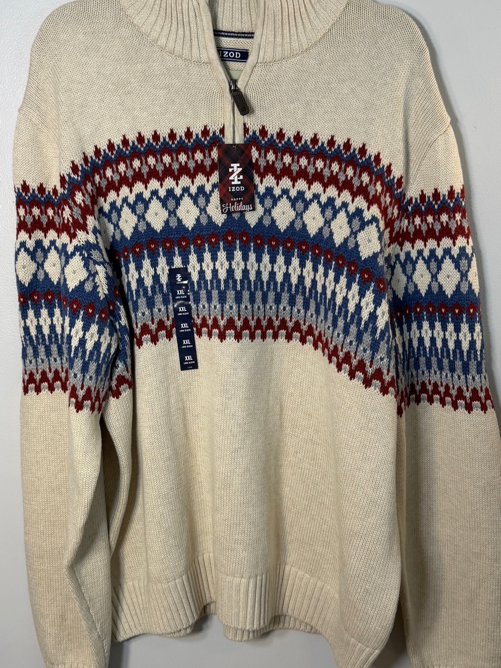IZOD NWTS men XXL 2XL fair isle quarter zip sweater cream red blue winter ski
